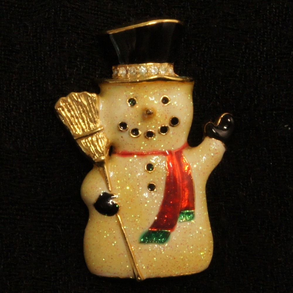 Vintage Style Snowman Brooch Glitter‎ Enamel Scarf Hat Broom Holiday Pin
